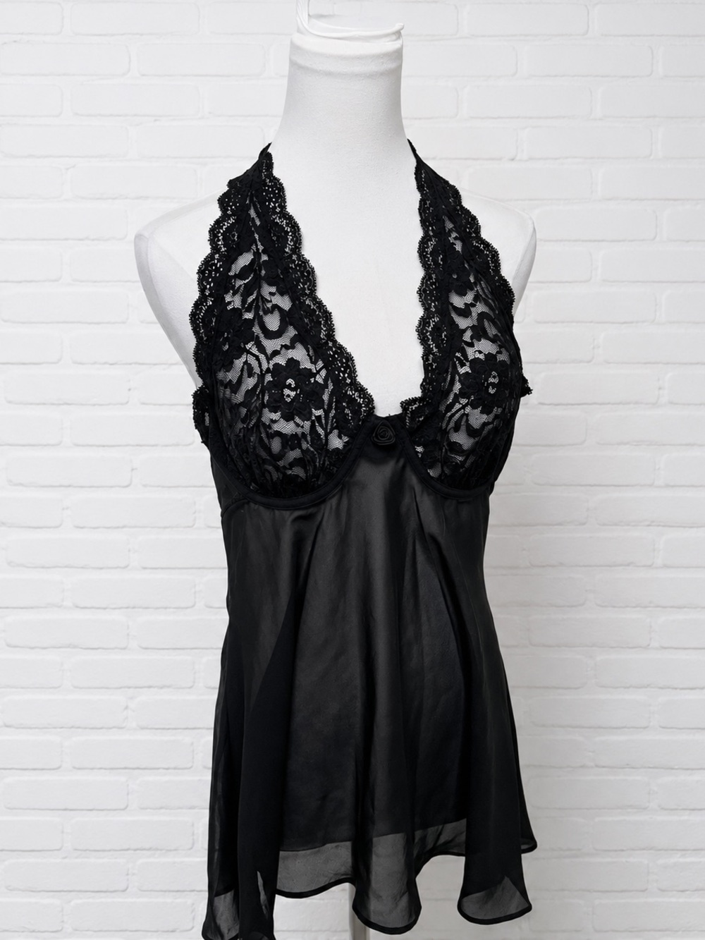Vintage Black Lace Halter Babydoll Lingerie Slip Goth Fairycore M